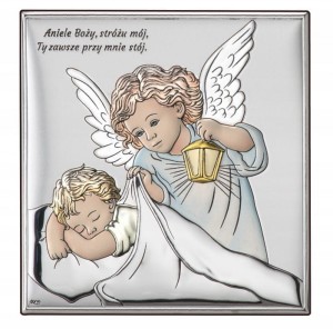 Anioł Stróż Obrazek Srebrny Pamiątka Chrztu Św