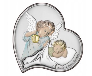 Obrazek Srebrny Pamiątka Chrztu Anioł Stróż Serce