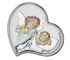 Obrazek Srebrny Pamiątka Chrztu Anioł Stróż Serce