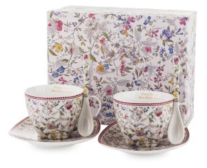 Filiżanki 2+2 komplet kwiaty + łyżeczki na prezent