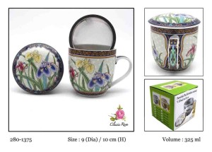 Kubek z zaparzaczem porcelanowy + pokrywka + sitko kwiaty