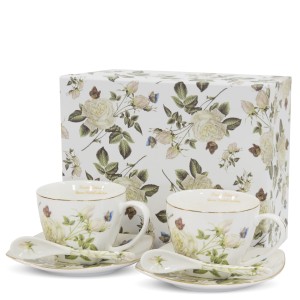 Filiżanki do kawy herbaty 2+2 kwiaty 250 ml + łyżeczki