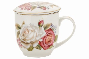 Kubek z zaparzaczem porcelanowy + pokrywka + sitko kwiaty