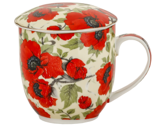 Kubek z zaparzaczem porcelanowy + pokrywka + sitko kwiaty maki