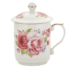 Kubek z zaparzaczem porcelanowy + pokrywka + sitko kwiaty 450 ml