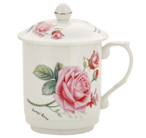 Kubek z zaparzaczem porcelanowy + pokrywka + sitko kwiaty 450 ml