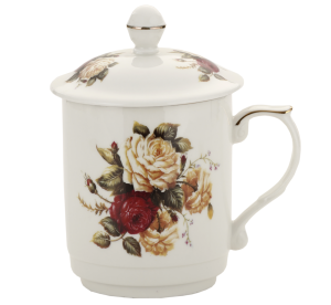 Kubek z zaparzaczem porcelanowy + pokrywka + sitko kwiaty 450 ml