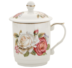 Kubek z zaparzaczem porcelanowy + pokrywka + sitko kwiaty 450 ml