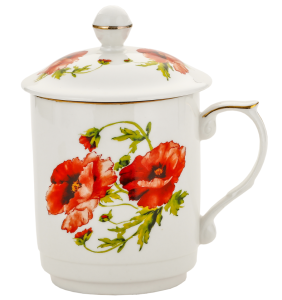 Kubek z zaparzaczem porcelanowy + pokrywka + sitko kwiaty 450 ml