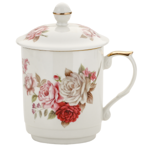 Kubek z zaparzaczem porcelanowy + pokrywka + sitko kwiaty 450 ml