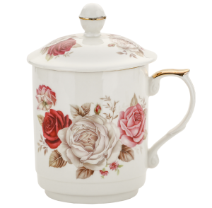 Kubek z zaparzaczem porcelanowy + pokrywka + sitko kwiaty 450 ml