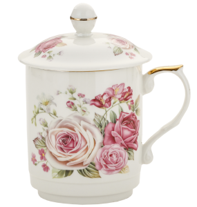 Kubek z zaparzaczem porcelanowy + pokrywka + sitko kwiaty 450 ml