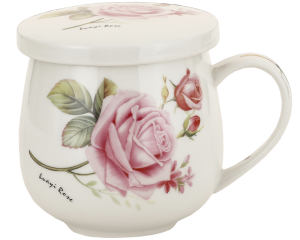 Kubek z zaparzaczem porcelanowy + pokrywka + sitko kwiaty 320 ml