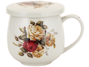 Kubek z zaparzaczem porcelanowy + pokrywka + sitko kwiaty 320 ml