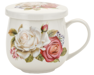 Kubek z zaparzaczem porcelanowy + pokrywka + sitko kwiaty 320 ml