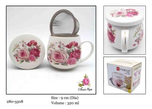 Kubek z zaparzaczem porcelanowy + pokrywka + sitko kwiaty 320 ml