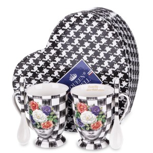 Komplet kubków 2 szt +łyżeczki czarno-białe 280 ml Queen Isabell