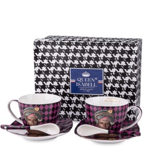 Zestaw Filiżanki kawa herbata 2+2 + łyżeczki czarno-białe wzór Komplet