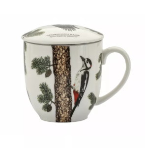 Kubek z zaparzaczem dzięcioł porcelanowy + pokrywka + sitko 380 ml