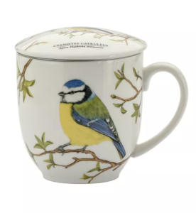 Kubek z zaparzaczem sikorka modraszka porcelanowy + pokrywka + sitko 380 ml