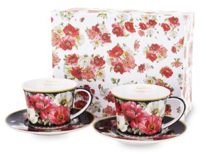 Filiżanki 2+2 komplet kwiaty maki czarne porcelanowe podwójne dla dwóch