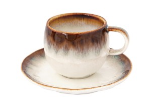 Filiżanka ceramiczną z podstawką 120 ml Boho retro krem brąz biel