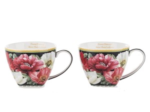 Filiżanki komplet dla dwojga. Kwiaty, maki czarne porcelanowe z łyżeczkami.