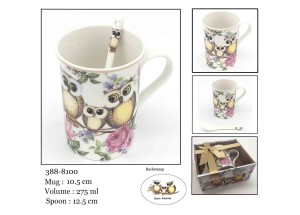 Kubek Porcelanowy Z Łyżeczką Biały Kwiaty Sówki 270ml