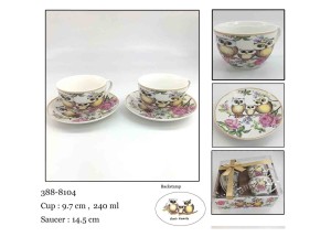 Filiżanki komplet dla dwojga. Kwiaty, sowy porcelanowe z łyżeczkami.