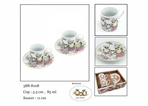 Filiżanki espresso komplet dla 2-ga. Kwiaty, sowy porcelanowe z łyżeczkami.