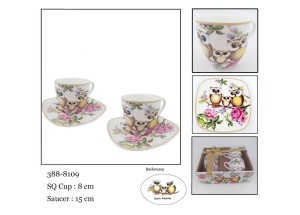 Filiżanki komplet dla dwojga. Kwiaty, sowy porcelanowe z łyżeczkami.