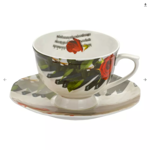 FILIŻANKA 250ML BONE CHINA PORCELANA MOTYW RÓŻE I NUTY Z TALERZYKIEM