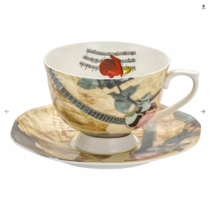 FILIŻANKA 250ML BONE CHINA PORCELANA MOTYW RÓŻE I gitara Z TALERZYKIEM