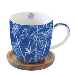 Kubek porcelanowy 350 ml + podstawka akacjowa niebieska bambusy minimalizm