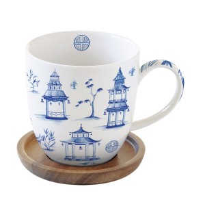 Kubek porcelanowy 350 ml + podstawka akacjowa niebieska wzór minimalizm