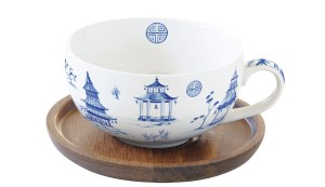 Filżanka pojedyncza 250 ml + podstawka akacjowa niebieski wzór minimalizm