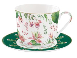 Filiżanka duża pojedyncza 370ml + spodek motyw kwiatów kolorowy na prezent