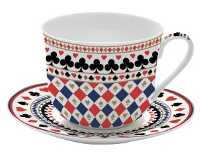 Filiżanka ze spodkiem 400ml  motyw kart na prezent porcelanowa unikatowa