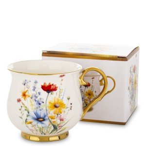 Kubek Porcelanowy 450 ml Biały Kwiaty Złoto Elegancki Pudełko Prezent