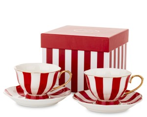 Filiżanki ze spodkiem Komplet 220 ml Biały Czerwony Złoty Zestaw Prezent