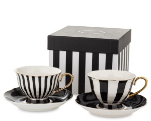 Filiżanki ze spodkiem Komplet 220 ml Biały Czarny Złoty Zestaw Prezent