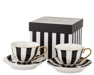 Filiżanki ze spodkiem Komplet 220 ml Biały Czarny Złoty Zestaw Prezent