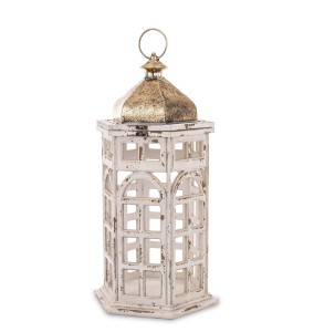 Lampion Drewniany Metalowy Latarnia Biały Złoty Retro Postarzany Dekoracja