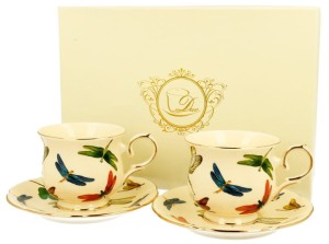 Komplet porcelanowy filiżanki Ważki Ecru 260 ml 2+2 Zestaw Baryłki Prezent