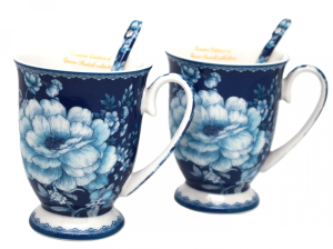 Zestaw Kubków Kpl 2 szt dla Dwojga Porcelana Kubki róże + łyżeczki 300ml