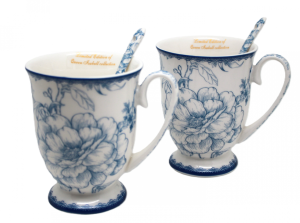 Zestaw Kubków Kpl 2 szt dla Dwojga Porcelana Kubki róże + łyżeczki 300ml