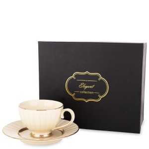 Filiżanka porcelanowa 220 ml + spodek beżowa złota ecru Nina