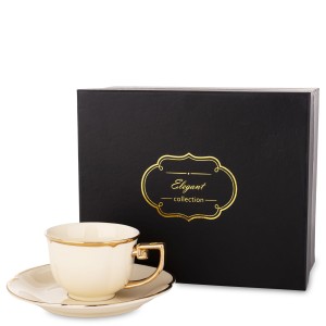 Filiżanka porcelanowa 220 ml + spodek beżowa złota ecru