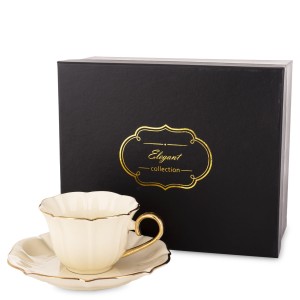 Filiżanka porcelanowa 220 ml + spodek beżowa złota ecru