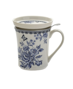 Kubek z zaparzaczem porcelanowy + pokrywka + sitko kwiaty 300 ml